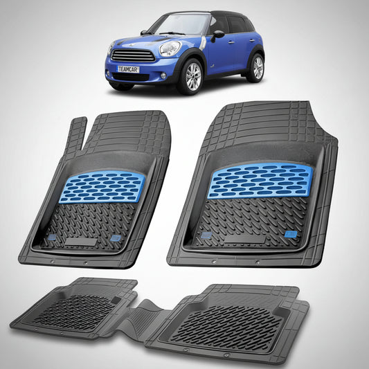 set de covorase din cauciuc negre cu accente albastre cu un mini countryman r60 suv albastru in fundal