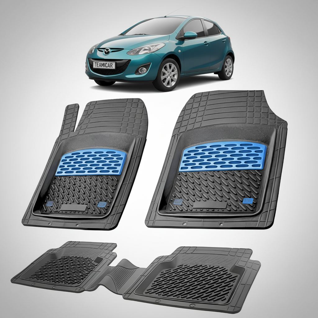 set de covorase din cauciuc negre cu accente albastre cu o mazda 2 de facelift hatchback 5 usi albastru verzui  in fundal