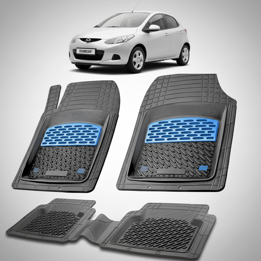 set de covorase din cauciuc negre cu accente albastre cu o mazda 2 de hatchback 5 usi argintiu in fundal