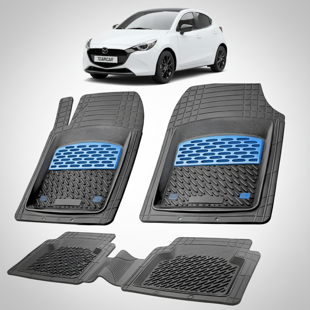 set de covorase din cauciuc negre cu accente albastre cu o mazda 2 hybrid xp210 hatchback 5 usi alba in fundal