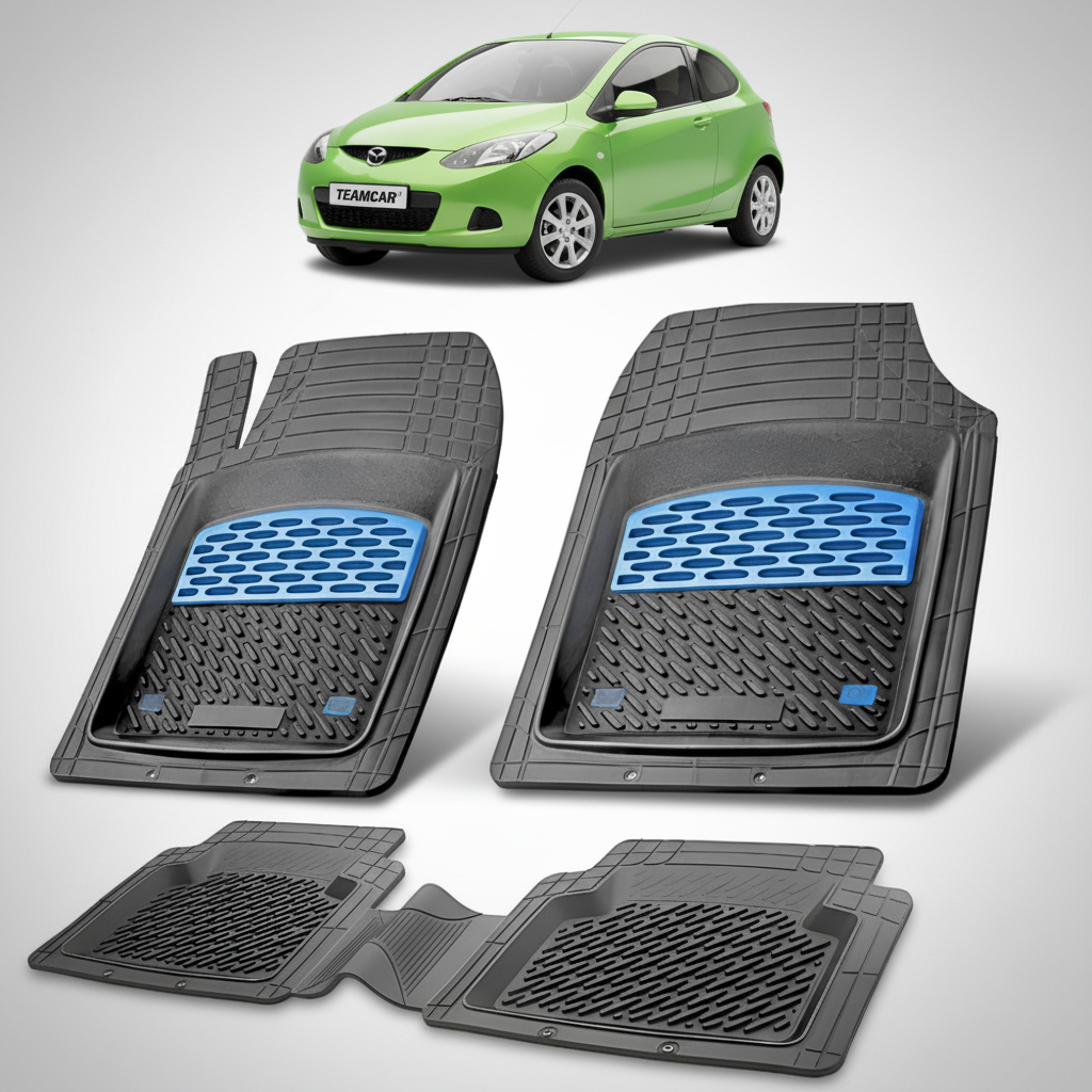 set de covorase din cauciuc negre cu accente albastre cu o mazda 2 generatia ii verde in fundal