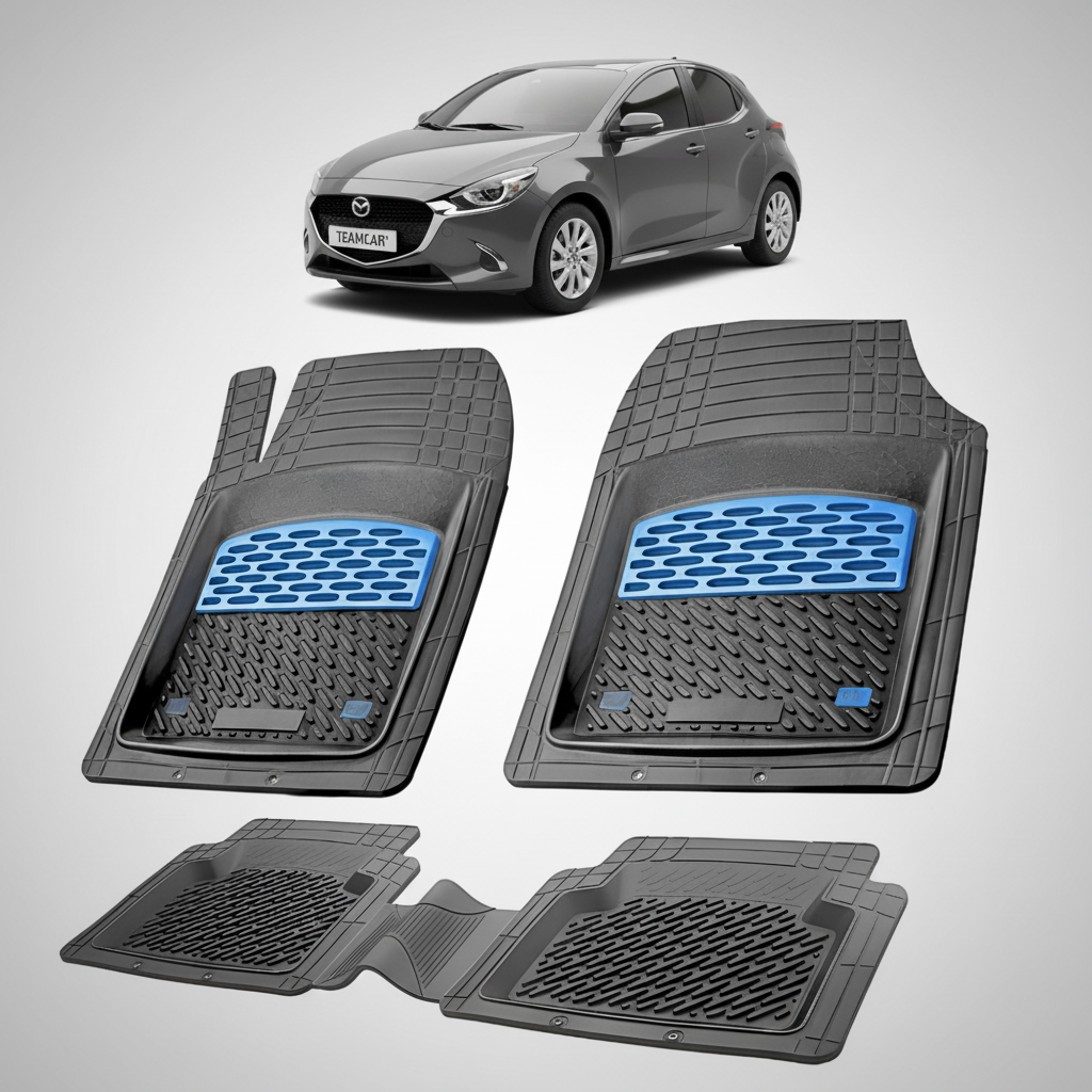 set de covorase din cauciuc negre cu accente albastre cu o mazda 2 generatia IV gri inchis in fundal