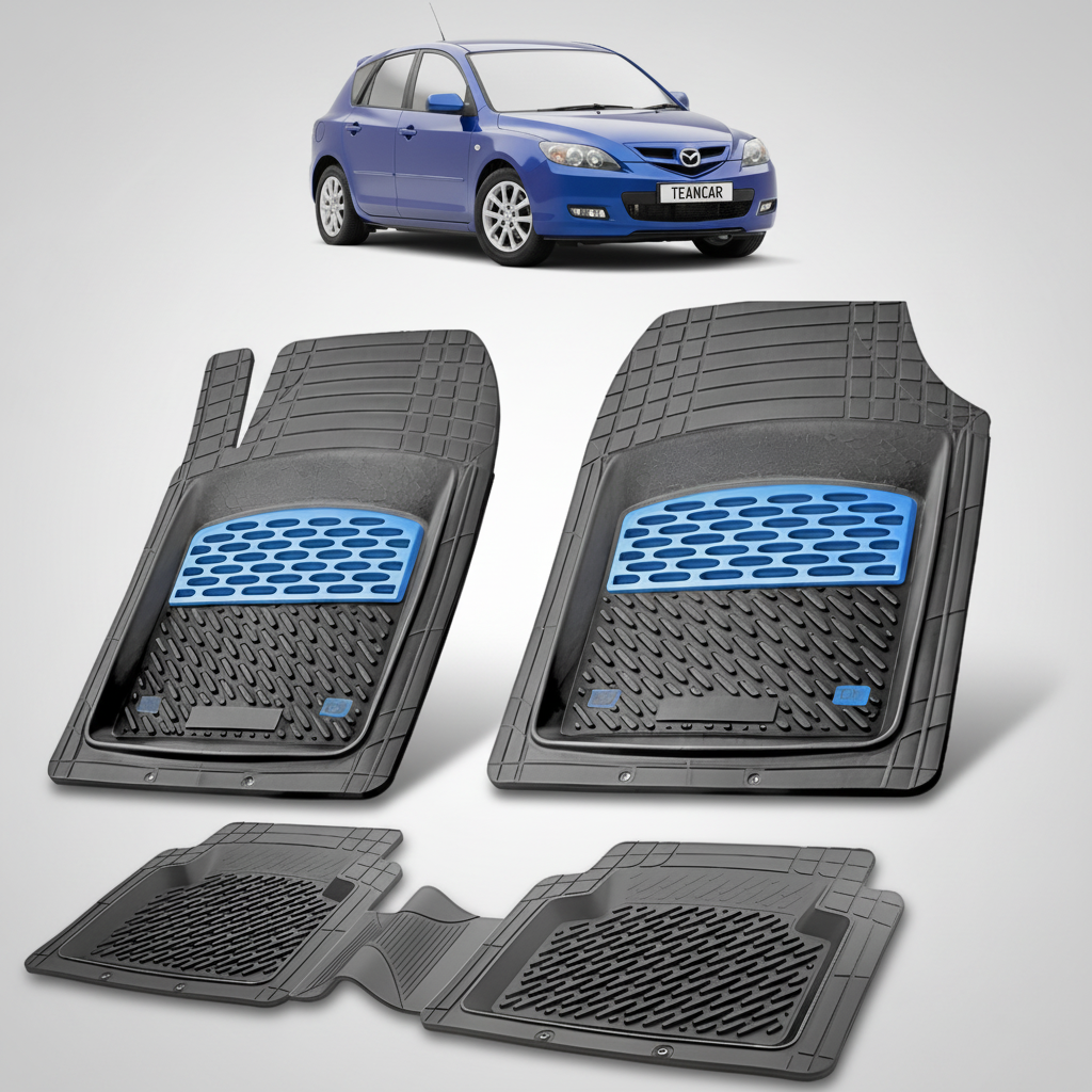 set de covorase din cauciuc negre cu accente albastre cu o mazda 3 bk facelift hatchback 5 usi albastra in fundal