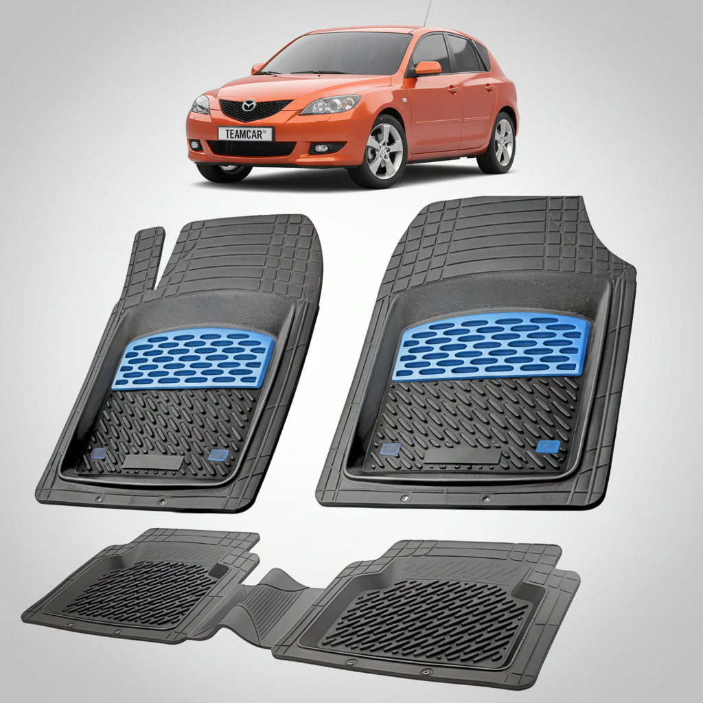set de covorase din cauciuc negre cu accente albastre cu o mazda 3 bk hatchback portocaliu metalizat in fundal