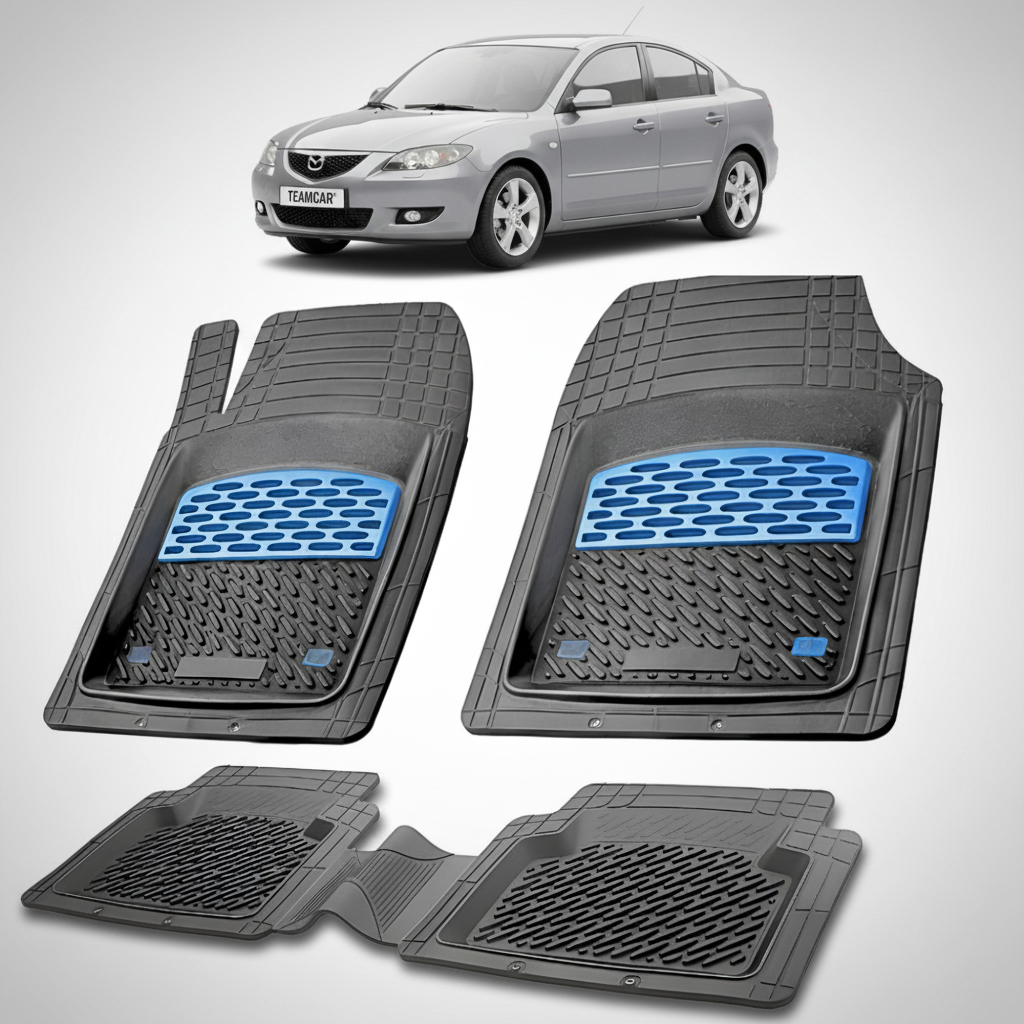 set de covorase din cauciuc negre cu accente albastre cu o mazda 3 bk sedan gri deschis in fundal