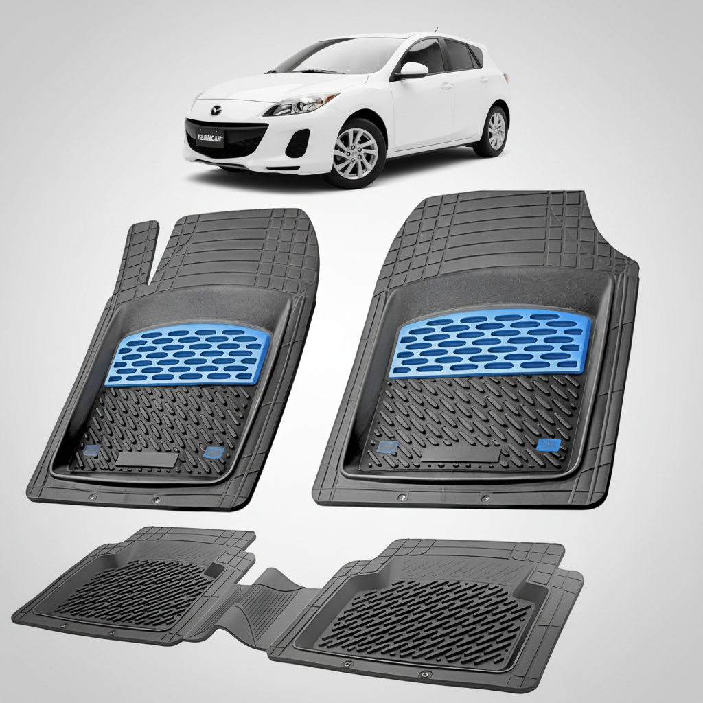set de covorase din cauciuc negre cu accente albastre cu o mazda 3 bl facelift hatchback 5 usi alba in fundal