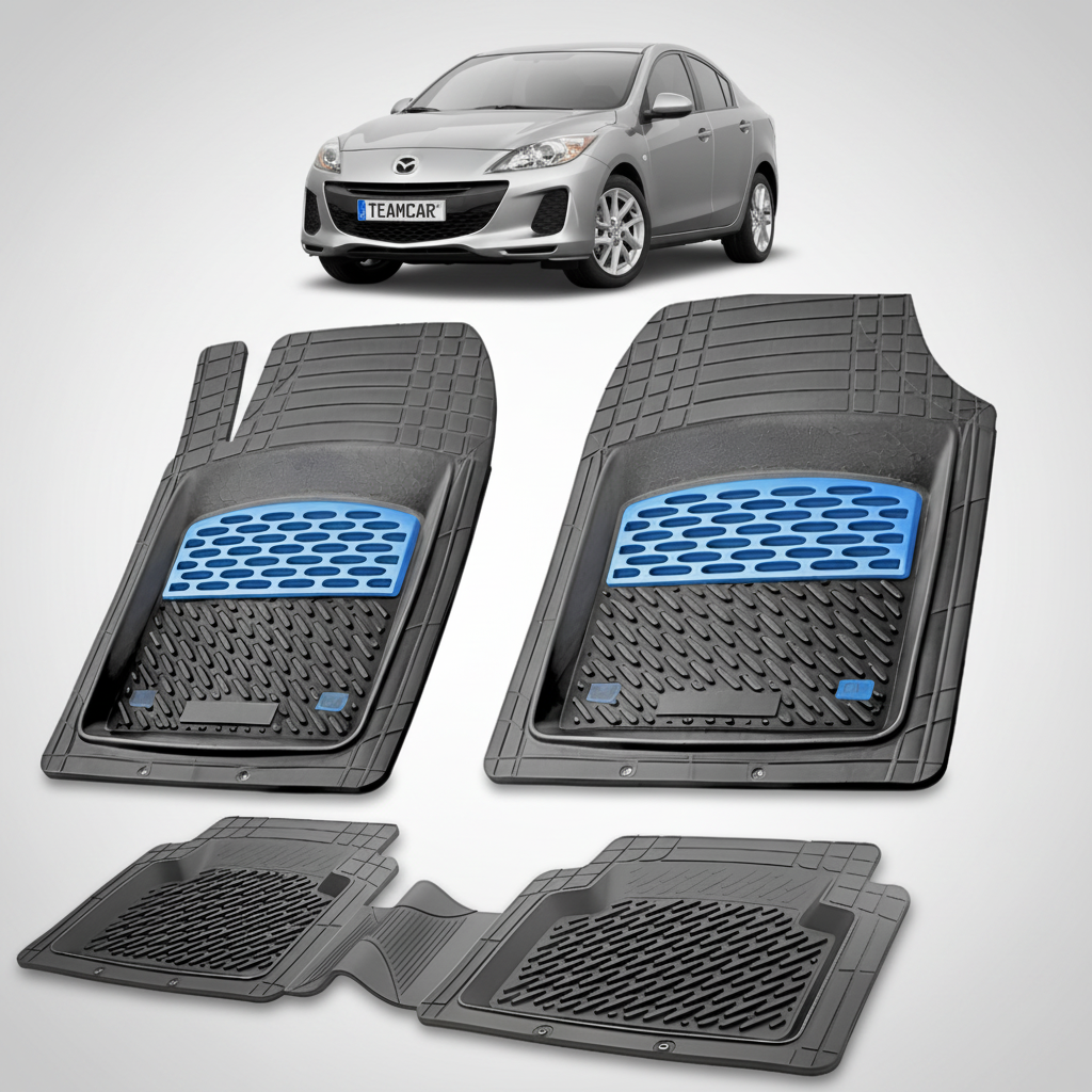 set de covorase din cauciuc negre cu accente albastre cu o mazda 3 bl facelift sedan gri inchis in fundal