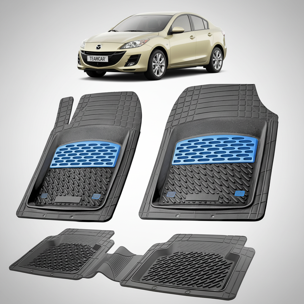set de covorase din cauciuc negre cu accente albastre cu o mazda 3 bl sedan auriu in fundal