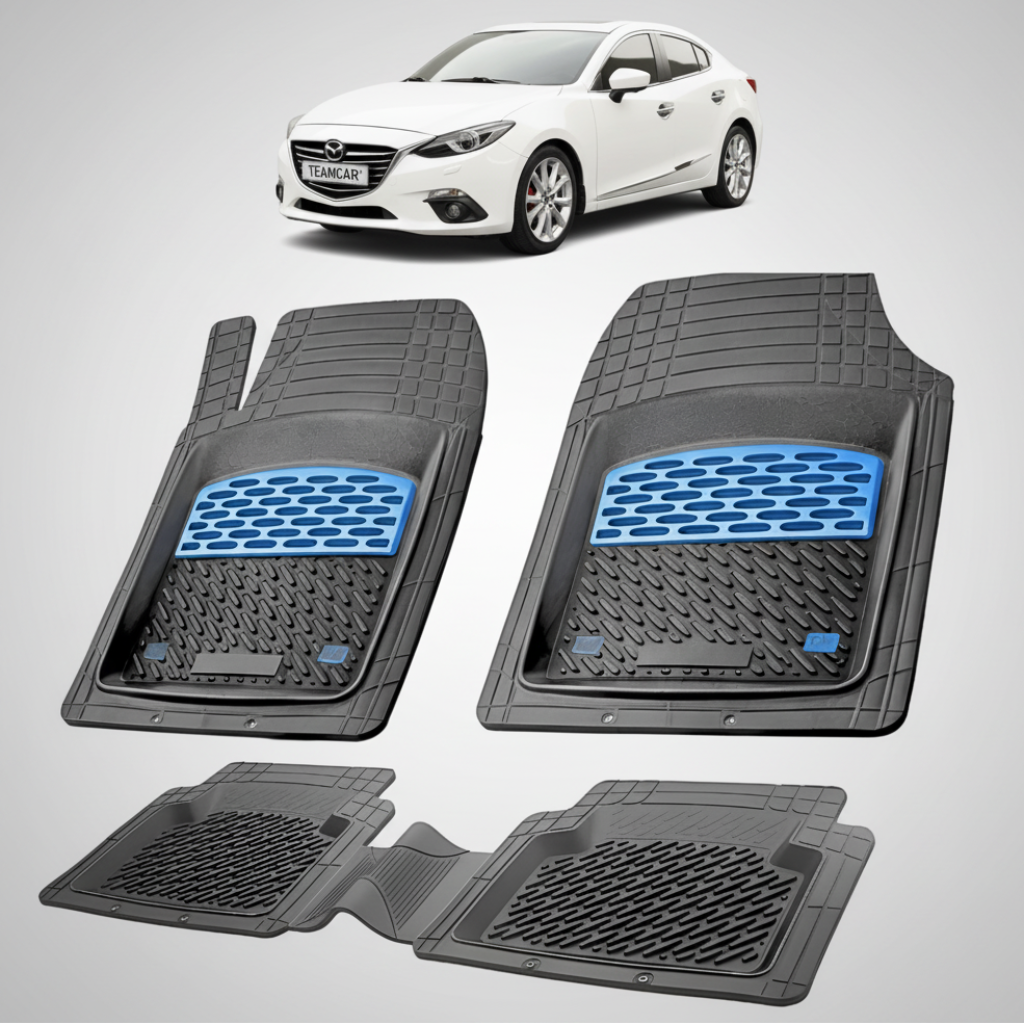 set de covorase din cauciuc negre cu accente albastre cu o mazda 3 bm/bn sedan alba in fundal