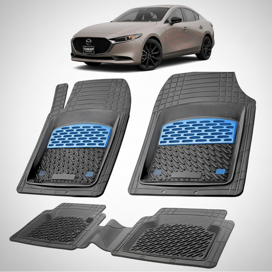 set de covorase din cauciuc negre cu accente albastre cu o mazda 3 bp facelift sedan bronz deschis in fundal