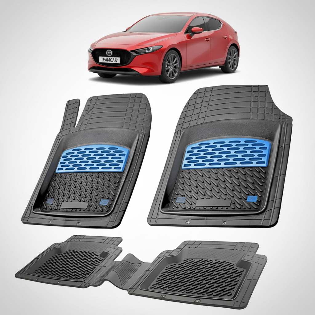 set de covorase din cauciuc negre cu accente albastre cu o mazda 3 bp hatchback rosu in fundal
