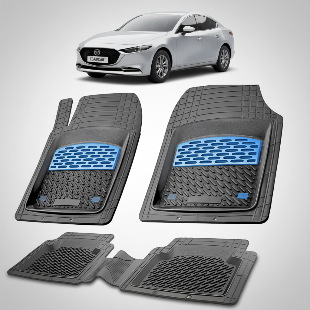 set de covorase din cauciuc negre cu accente albastre cu o mazda 3 bp sedan argintie in fundal