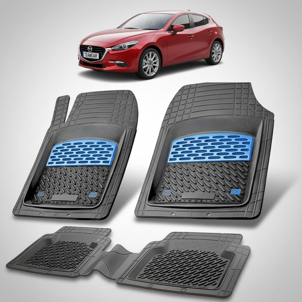 set de covorase din cauciuc negre cu accente albastre cu o mazda 3 generatia III rosie in fundal