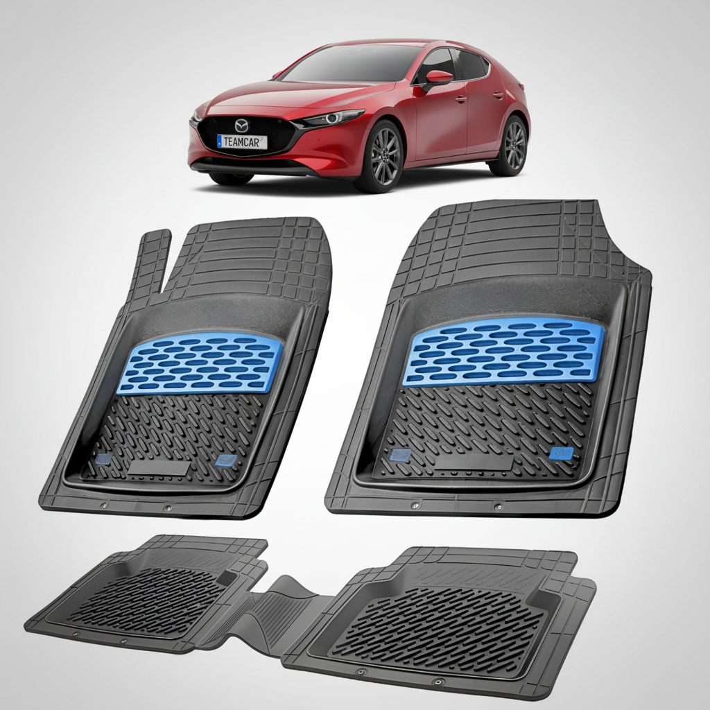set de covorase din cauciuc negre cu accente albastre cu o mazda 3 generatia IV rosie in fundal