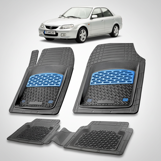 set de covorase din cauciuc negre cu accente albastre cu o mazda 323 bj facelift sedan argintie in fundal