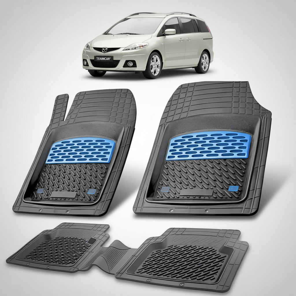 set de covorase din cauciuc negre cu accente albastre cu o mazda 5 cr facelift mpv bej in fundal