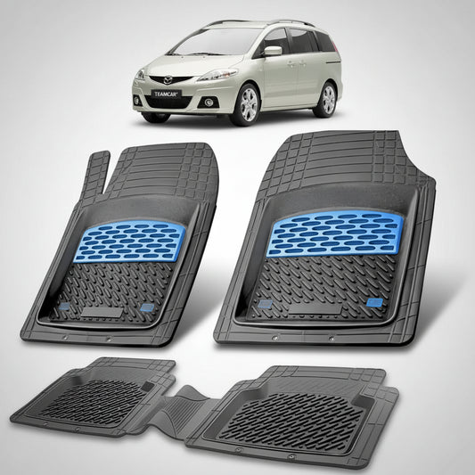 set de covorase din cauciuc negre cu accente albastre cu o mazda 5 cr facelift mpv bej in fundal