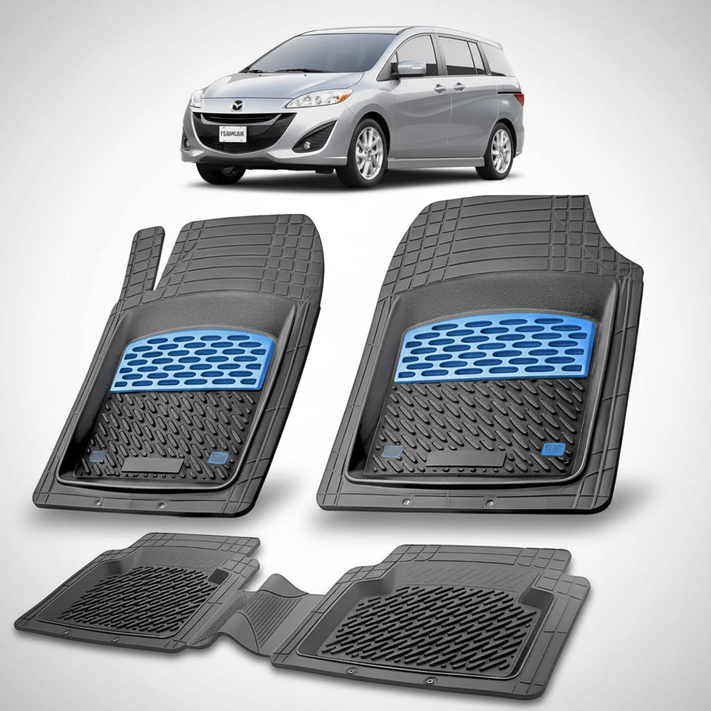set de covorase din cauciuc negre cu accente albastre cu o mazda 5 cw facelift mpv gri deschis in fundal