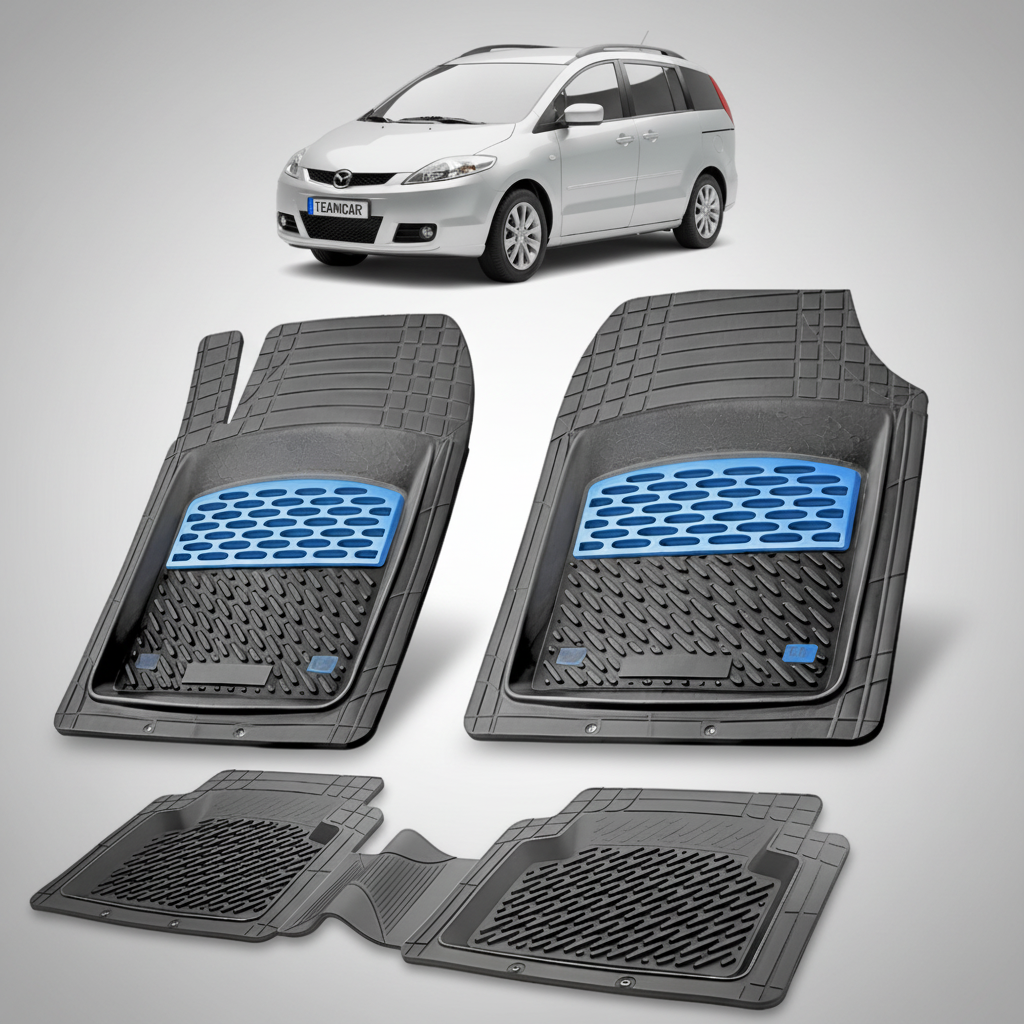 set de covorase din cauciuc negre cu accente albastre cu o mazda 5 gri in fundal