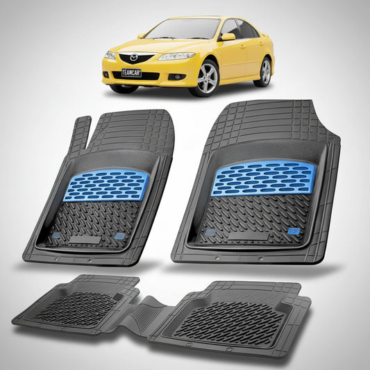 set de covorase din cauciuc negre cu accente albastre cu o mazda 6 gg hatchback 5 usi galbena in fundal