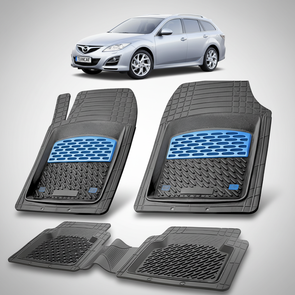 set de covorase din cauciuc negre cu accente albastre cu o mazda 6 gh combi gri albastrui deschis in fundal