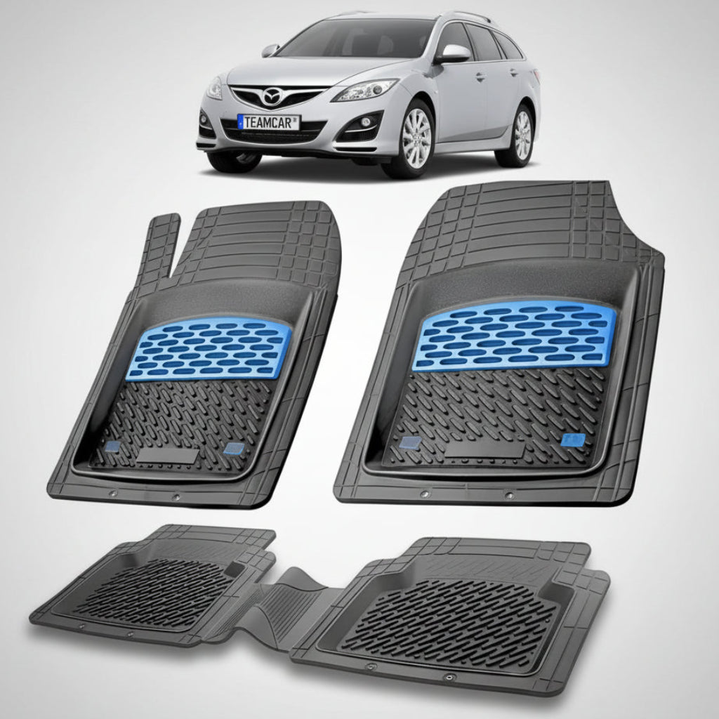 set de covorase din cauciuc negre cu accente albastre cu o mazda 6 gh facelift combi argintiu metalizat in fundal