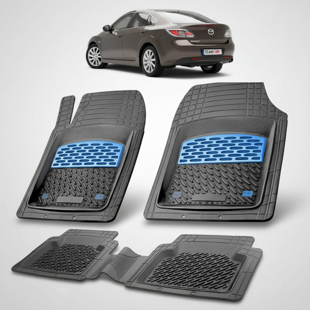 set de covorase din cauciuc negre cu accente albastre cu o mazda 6 gh facelift hatchback 5 maro gri inchis in fundal