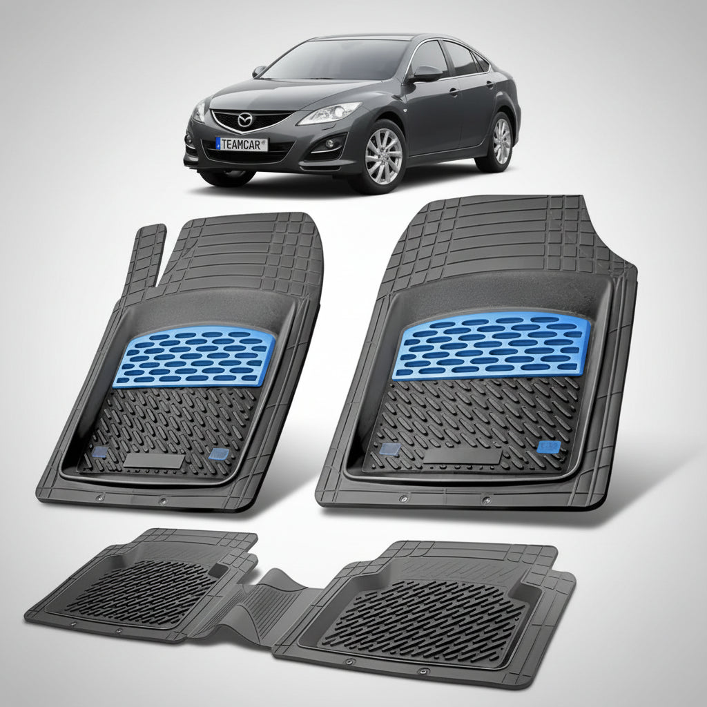 set de covorase din cauciuc negre cu accente albastre cu o mazda 6 gh facelift sedan gri inchis metalizat in fundal