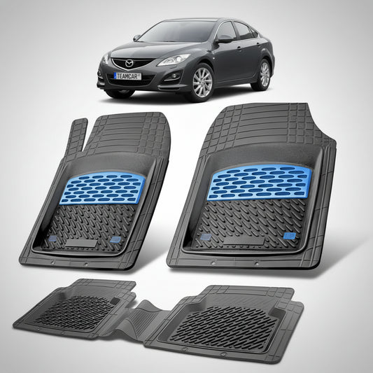 set de covorase din cauciuc negre cu accente albastre cu o mazda 6 gh facelift sedan gri inchis metalizat in fundal