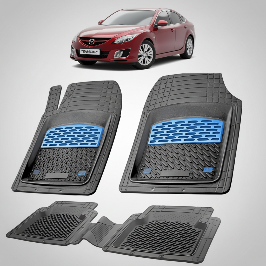 set de covorase din cauciuc negre cu accente albastre cu o mazda 6 gh sedan rosu in fundal