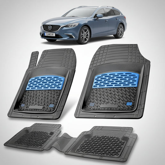 set de covorase din cauciuc negre cu accente albastre cu o mazda 6 gl facelift 1 combi albastra in fundal