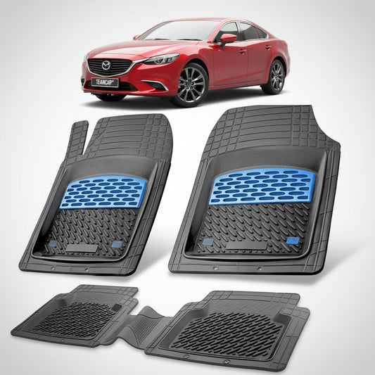 set de covorase din cauciuc negre cu accente albastre cu o mazda 6 gl facelift 1 sedan rosei in fundal