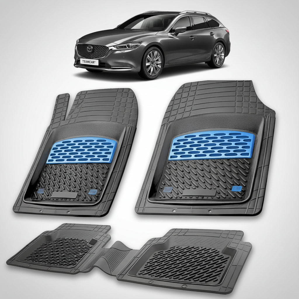 set de covorase din cauciuc negre cu accente albastre cu o mazda 6 gl facelift 2 combi neagra in fundal