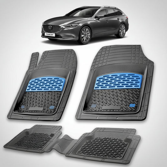 set de covorase din cauciuc negre cu accente albastre cu o mazda 6 gl facelift 2 combi neagra in fundal