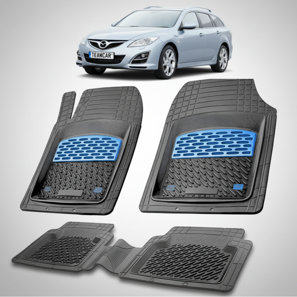 set de covorase din cauciuc negre cu accente albastre cu o mazda 6 generatia 2 albastru deschis in fundal