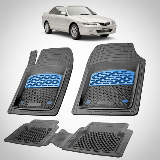 set de covorase din cauciuc negre cu accente albastre cu o mazda 626 GF Facelift sedan argintie-metalizat in fundal