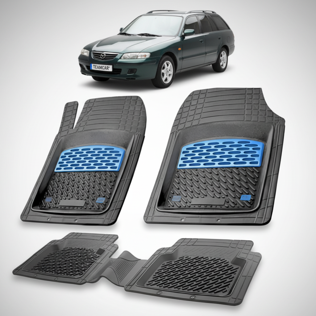 set de covorase din cauciuc negre cu accente albastre cu o mazda 626 GW Facelift combi verde-inchis in fundal