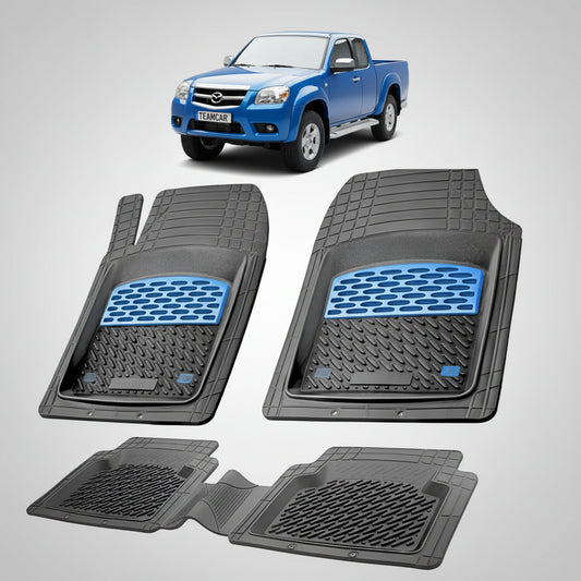 set de covorase din cauciuc negre cu accente albastre cu o mazda tb-50 j97 facelift pick-up albastru in fundal