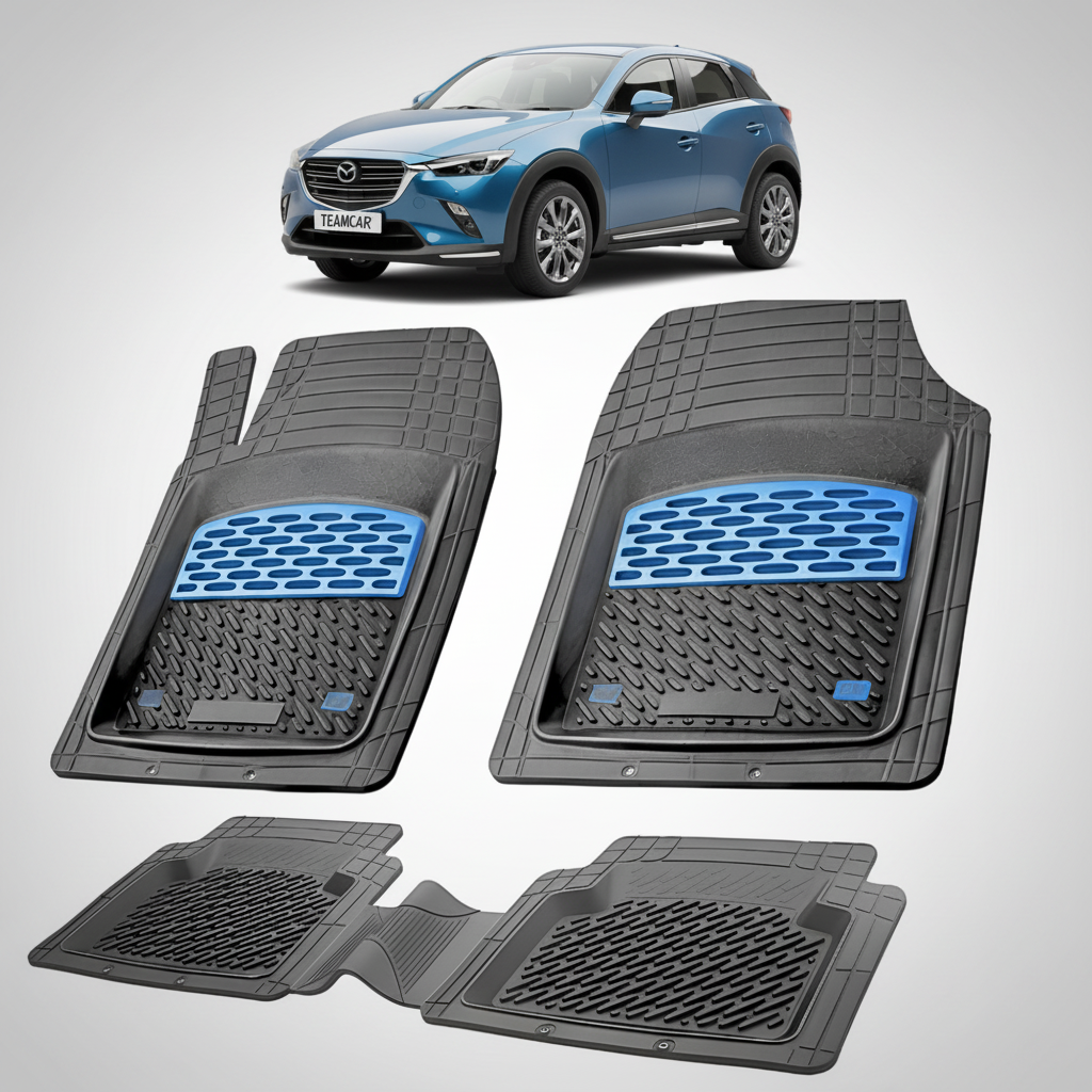 set de covorase din cauciuc negre cu accente albastre cu o mazda cx 3 generatia 1 albastra in fundal
