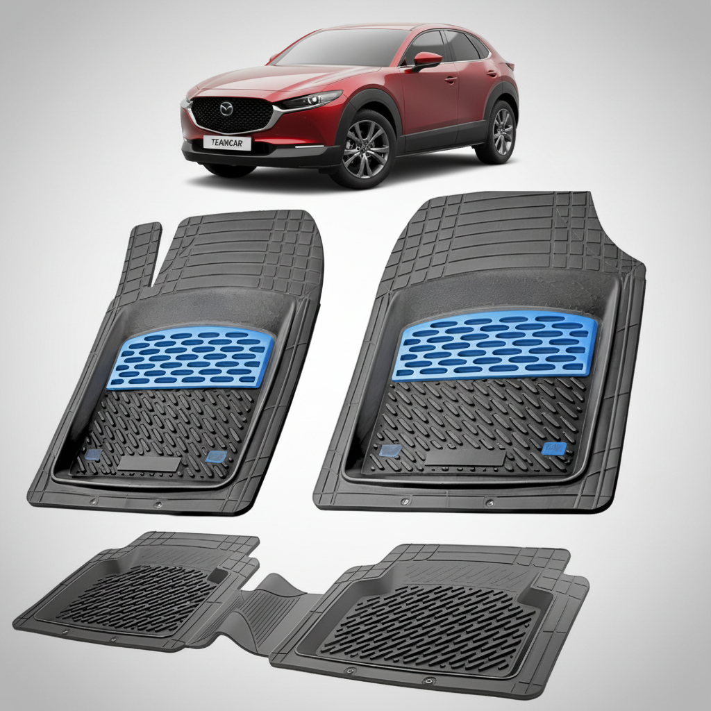 set de covorase din cauciuc negre cu accente albastre cu o mazda cx 30 generatia 1 rosu in fundal