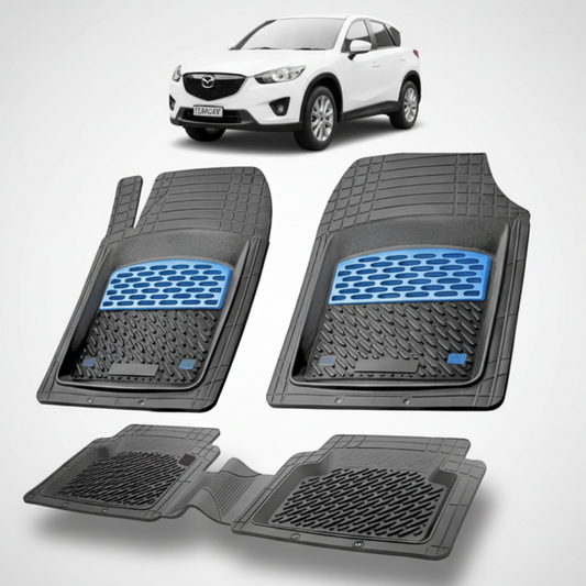 set de covorase din cauciuc negre cu accente albastre cu o mazda cx 5 generatia 1 alb in fundal
