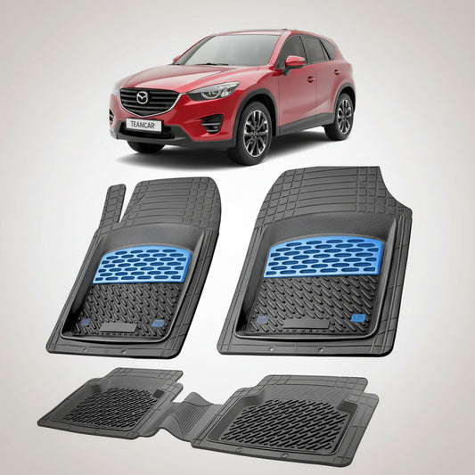 set de covorase din cauciuc negre cu accente albastre cu o mazda cx-5 ke facelift suv rosie in fundal