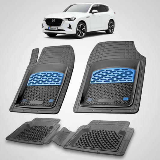 set de covorase din cauciuc negre cu accente albastre cu o mazda cx-60 kh suv alba in fundal