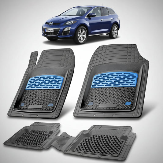 set de covorase din cauciuc negre cu accente albastre cu o mazda cx-7 er facelift suv albastra in fundal