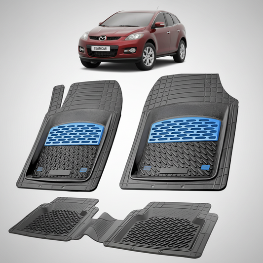 set de covorase din cauciuc negre cu accente albastre cu o mazda cx 7 generatia 1 suv rosie in fundal
