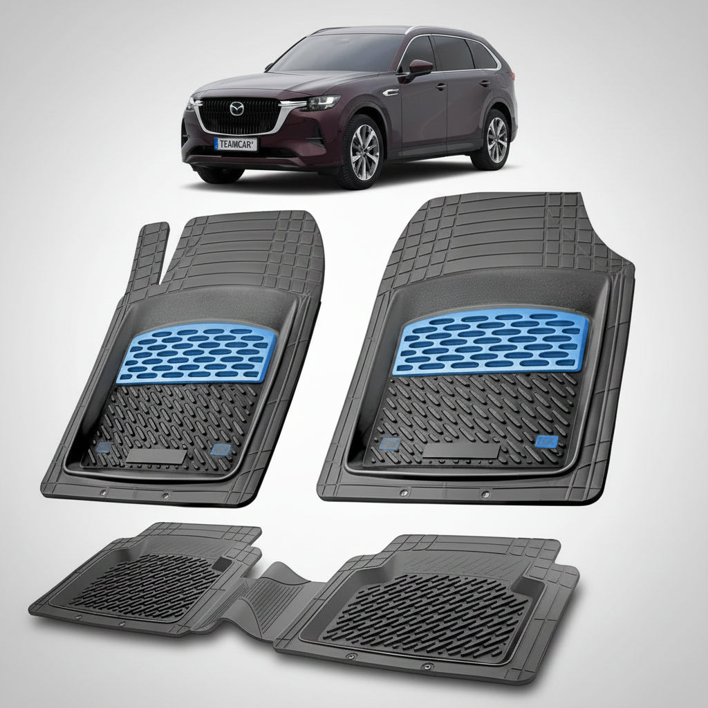 set de covorase din cauciuc negre cu accente albastre cu o mazda cx-80 kh suv rosu profund in fundal