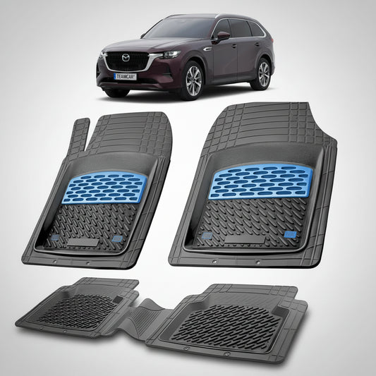 set de covorase din cauciuc negre cu accente albastre cu o mazda cx-80 kh suv rosu profund in fundal
