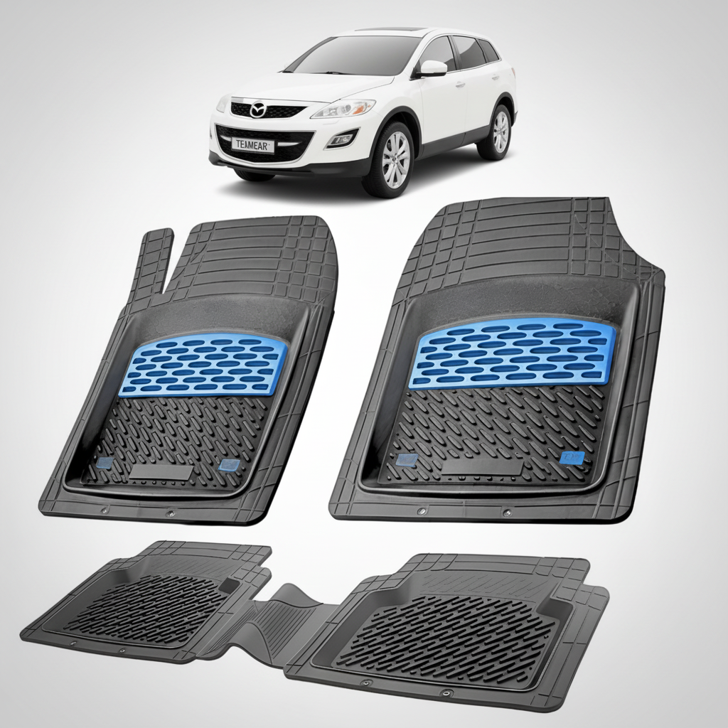 set de covorase din cauciuc negre cu accente albastre cu o mazda cx 9 generatia 1 alba in fundal
