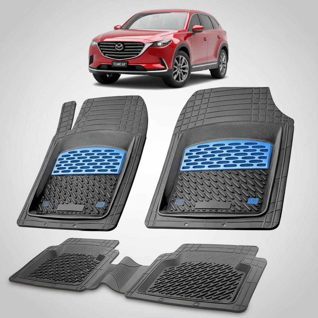 set de covorase din cauciuc negre cu accente albastre cu o mazda cx-9 ii rosie in fundal