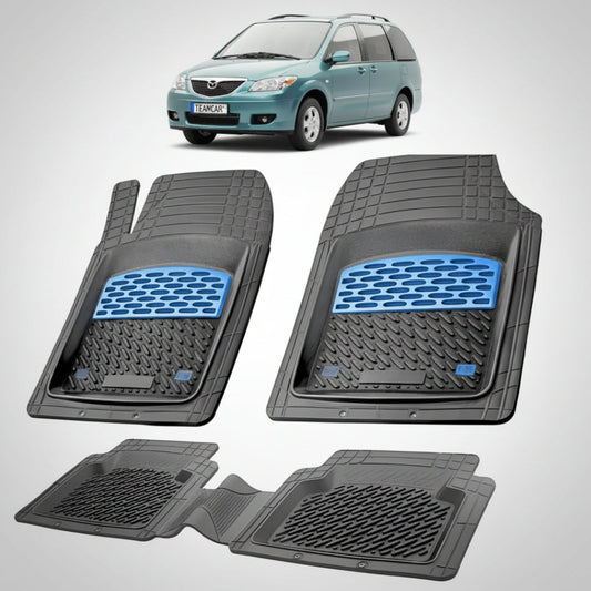 set de covorase din cauciuc negre cu accente albastre cu o mazda mpv lw facelift mpv albastru verzui in fundal
